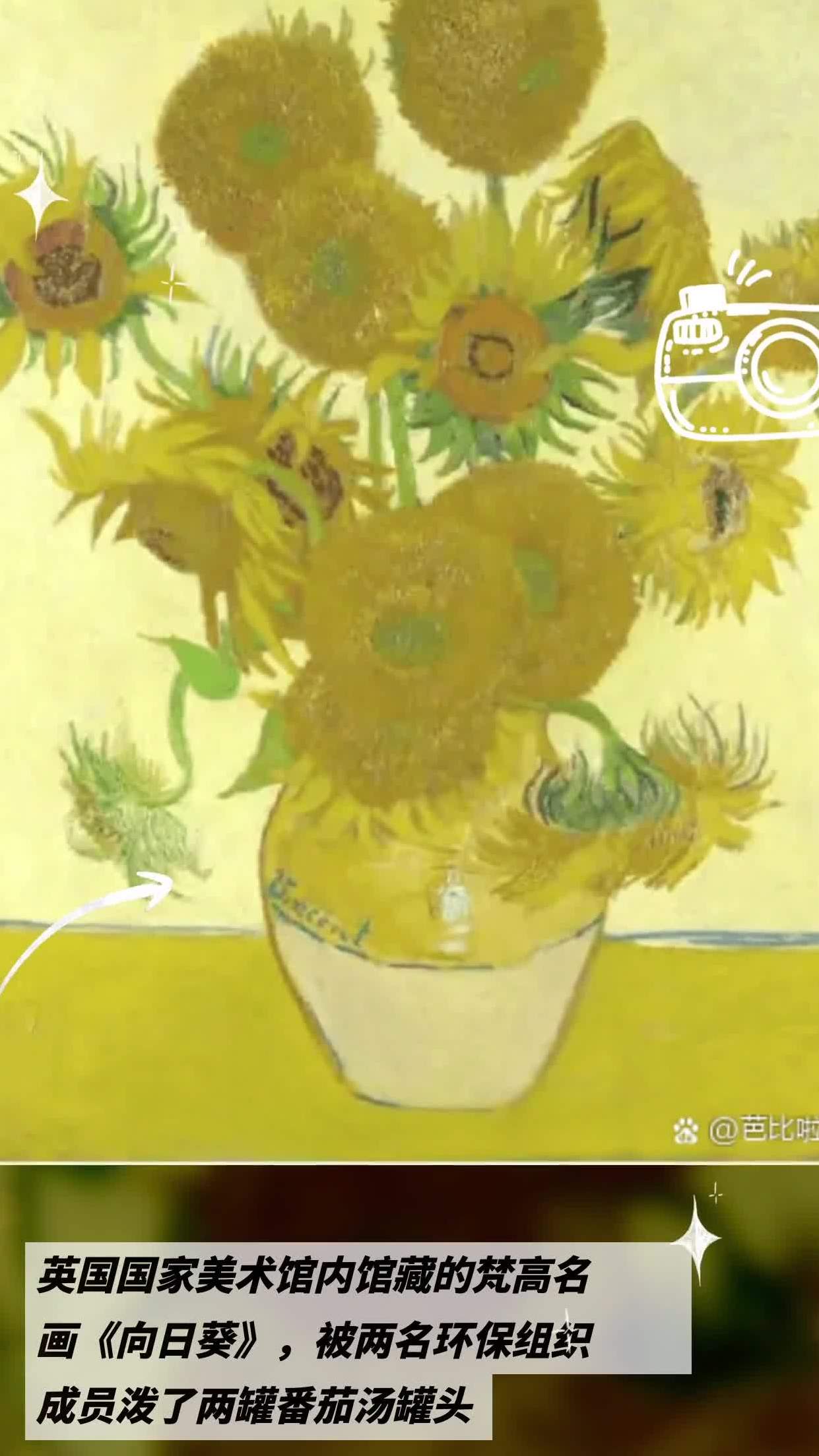 英国国家美术馆内馆藏的梵高名画《向日葵,被两名环保组织成员泼了