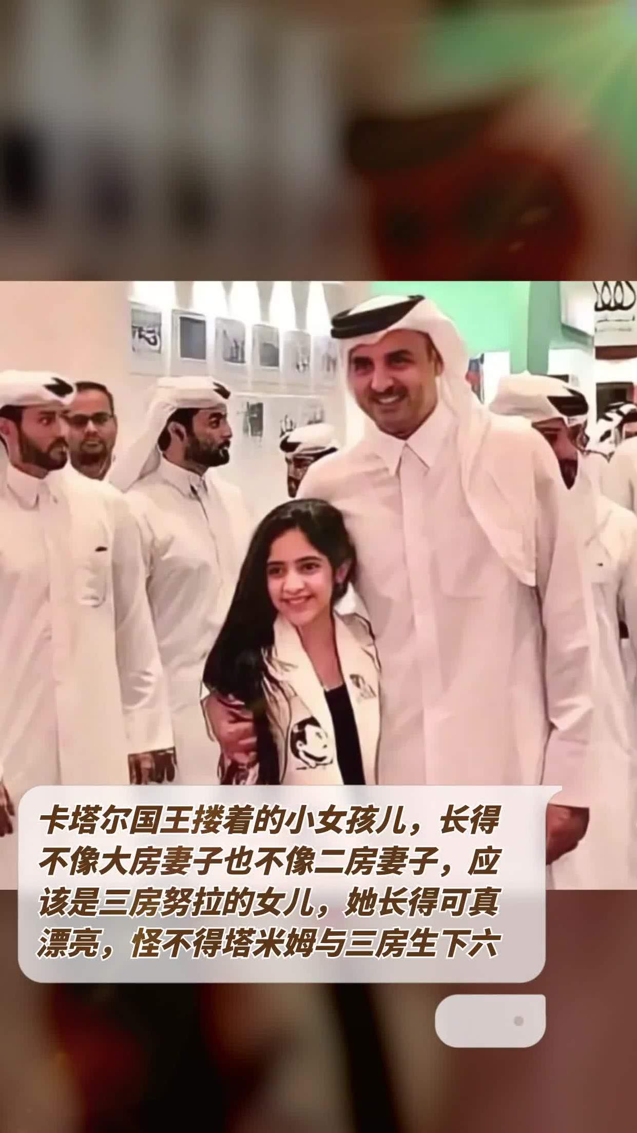 卡塔爾國王摟著的小女孩兒，長得不像大房妻子也不像二房妻子，應該是三房努拉的女兒，她長得可真漂亮，怪不