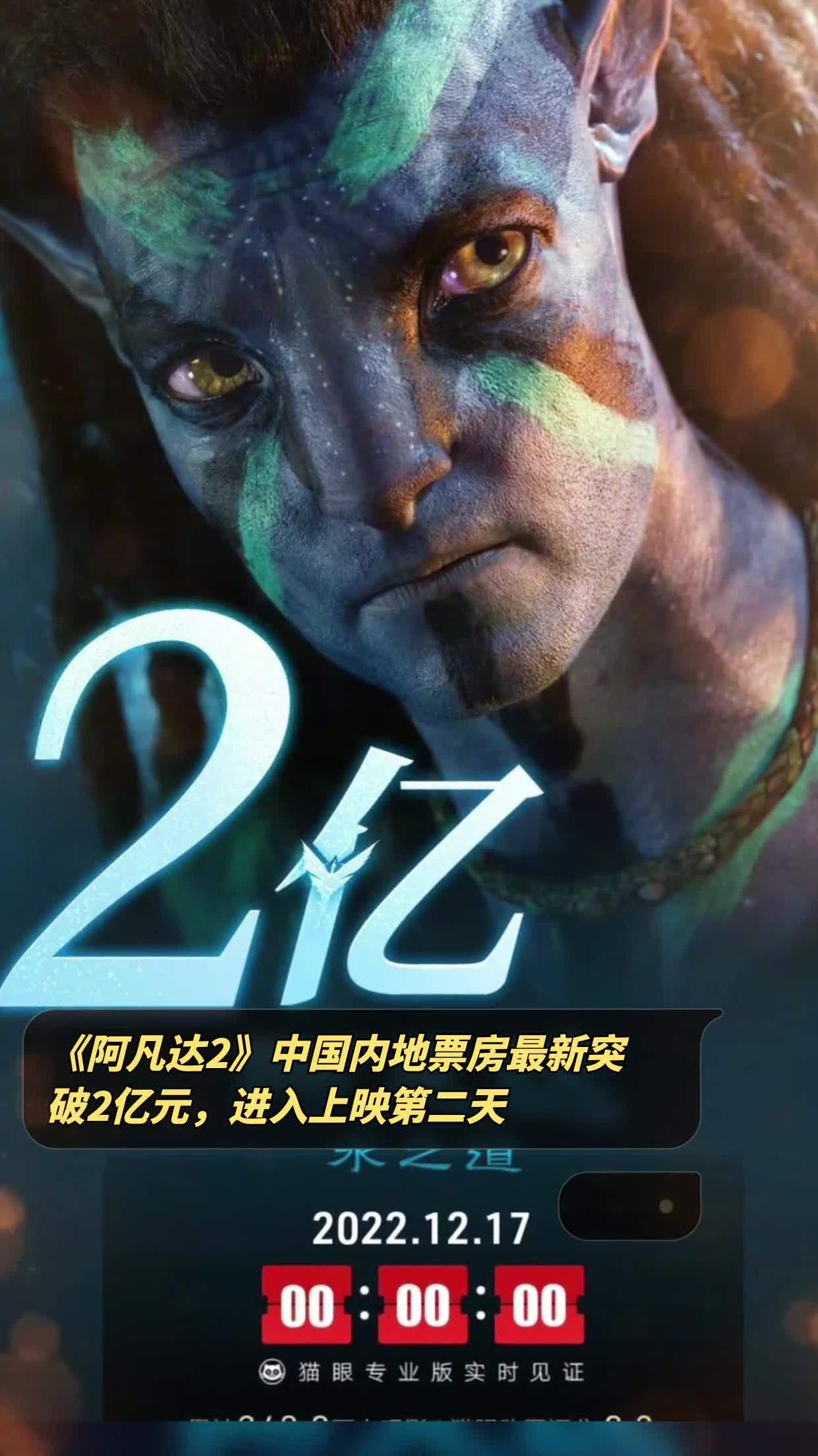 《阿凡达2》中国内地票房最新突破2亿元,进入上映第二天