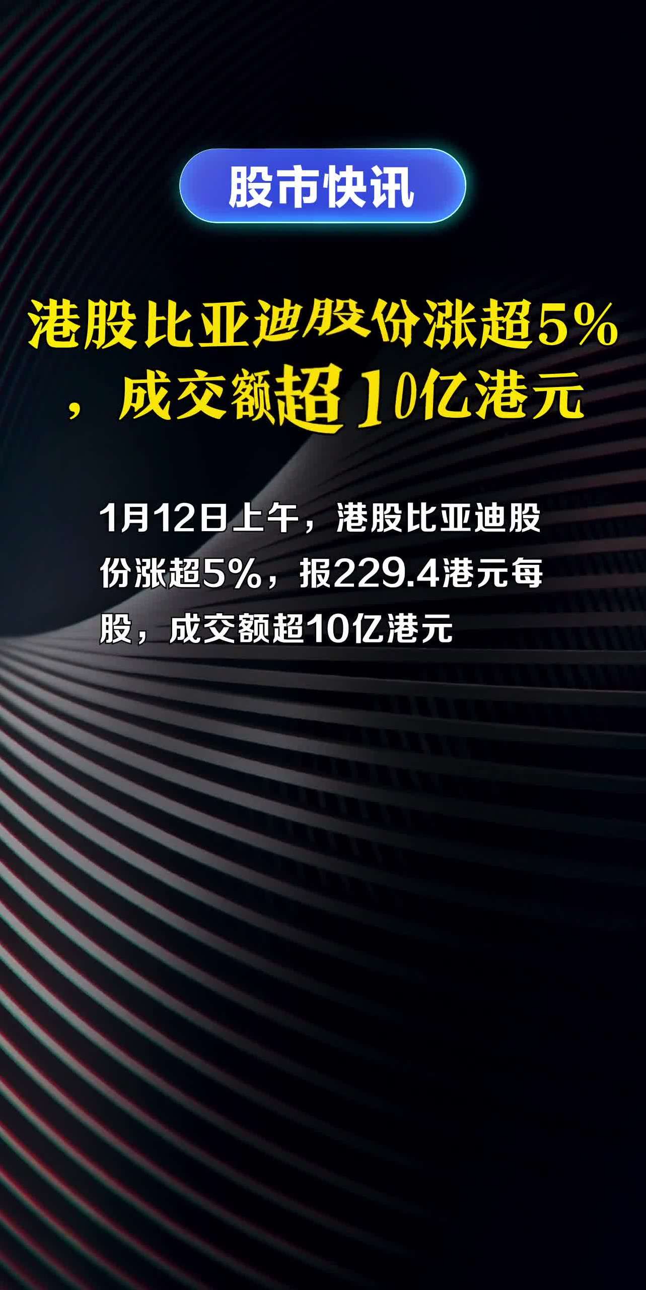 港股比亚迪股份涨超5,成交额超10亿港元